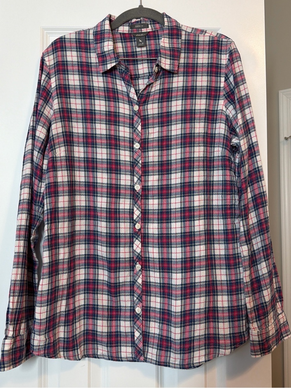 Eddie Bauer Women's Plaid Button-Down Shirt in White, Navy & Pink